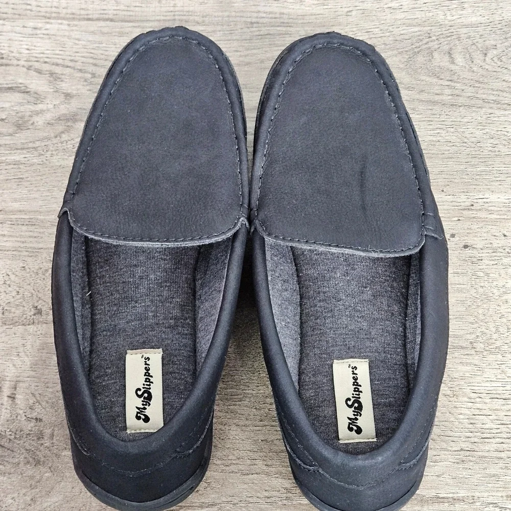 My Slippers Mens 9 Black Leather Moccasin Slippers Slip On House Shoes 74458-03